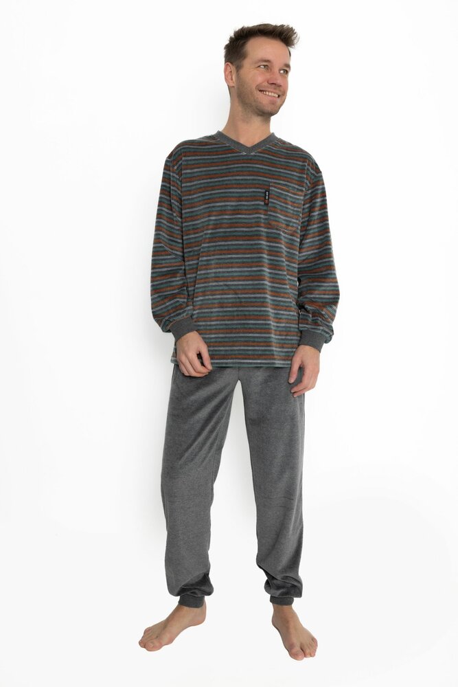 Heren pyjama velours katoen met V-hals Art. 451924 Blauw