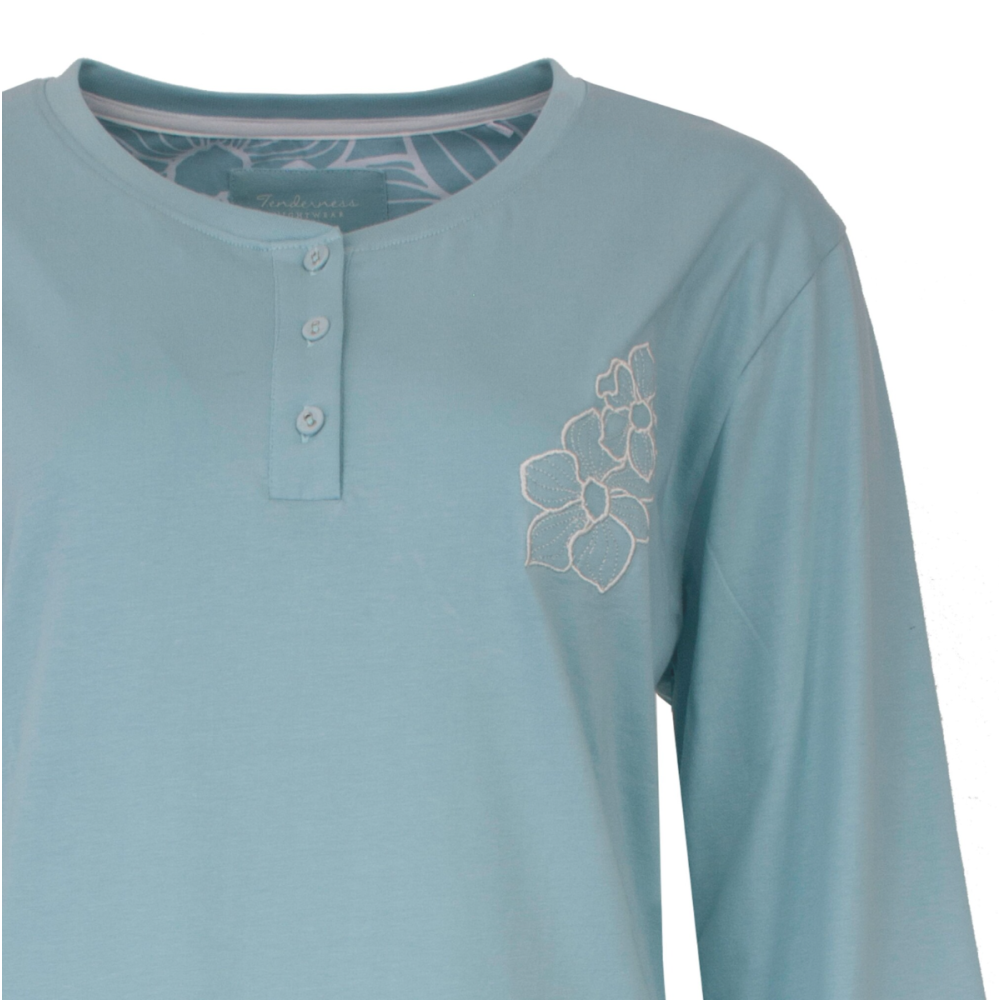 Tenderness 100% katoen  tricot dames nachthemd Lange mouwen Aqua/Blauw