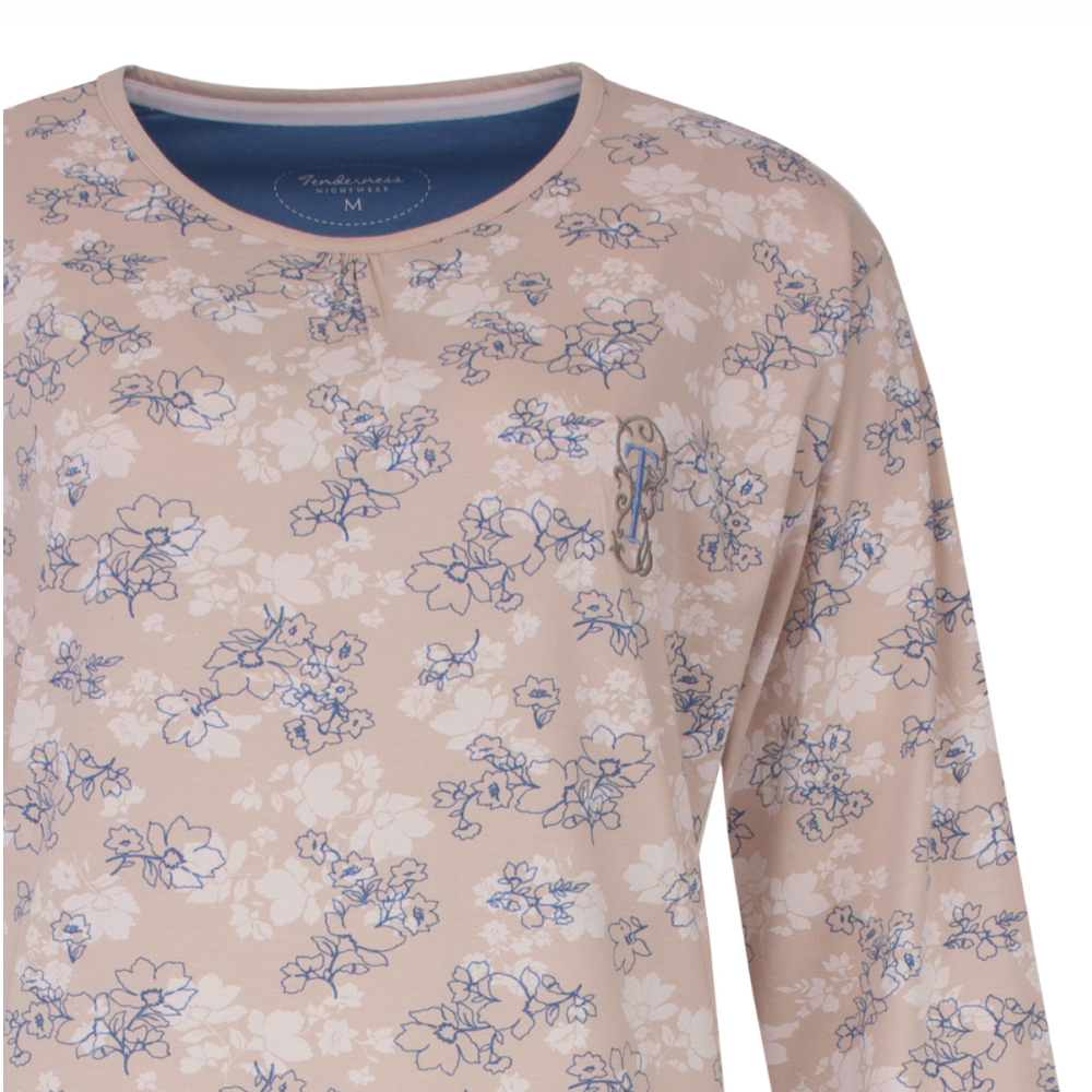 Tenderness 100% katoen  tricot dames nachthemd Lange mouwen Beige geprint