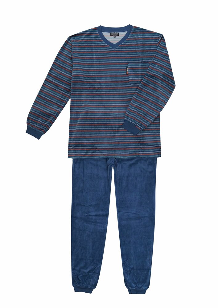 Heren pyjama velours katoen met V-hals Art. 451924 Blauw