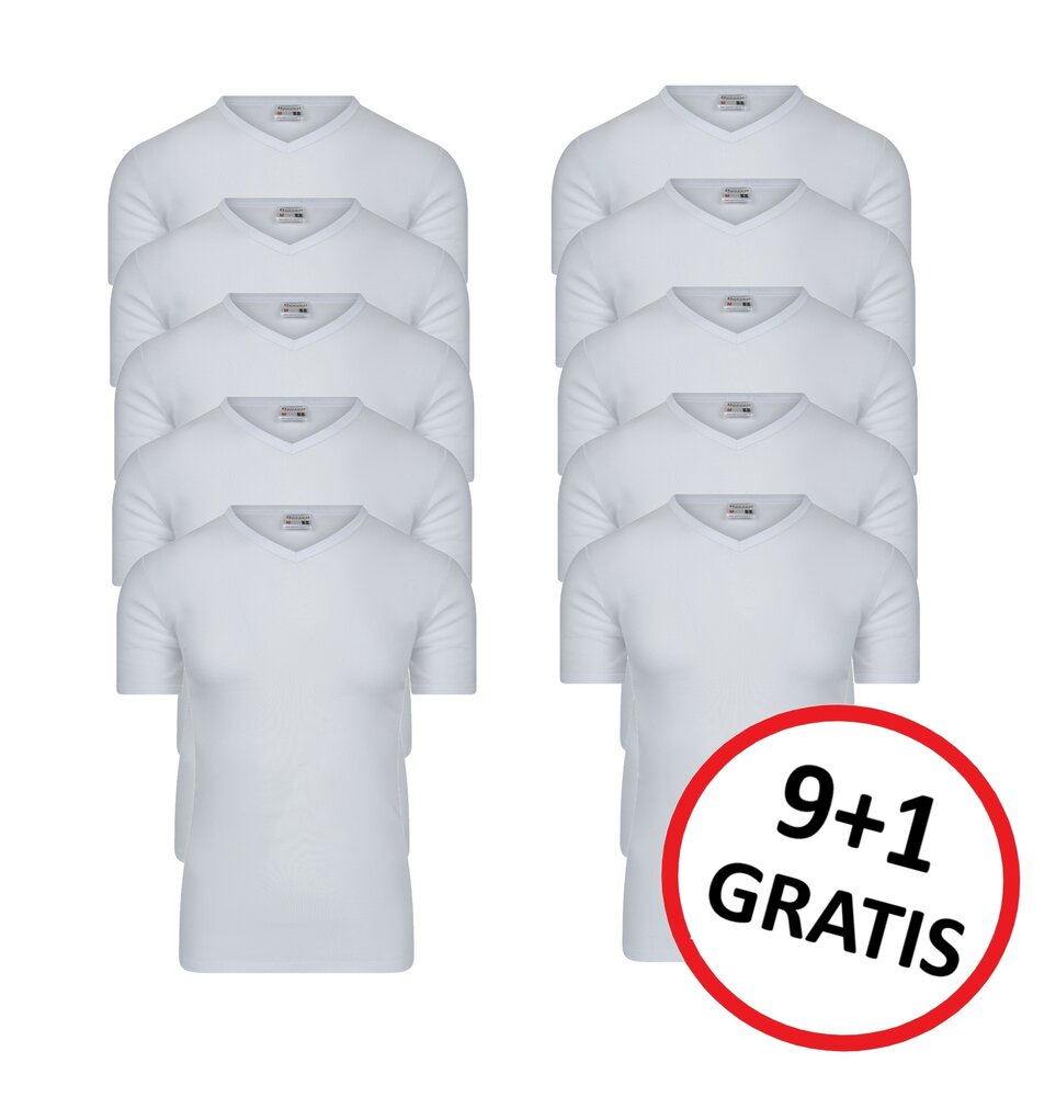 9+1 GRATIS Heren T-shirts met V-hals en K.M. M3000 Wit