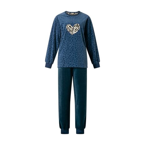 Lunatex Dames pyjama velours Blauw print 1