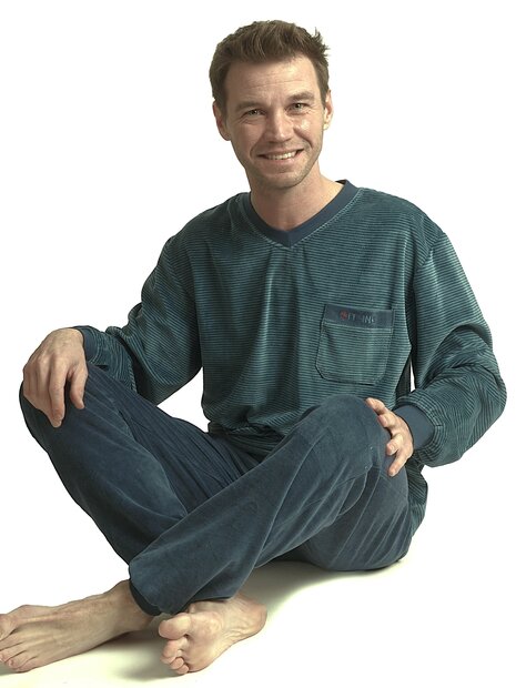 Heren pyjama velours met V-hals Art.451733 Grijs/Blauw