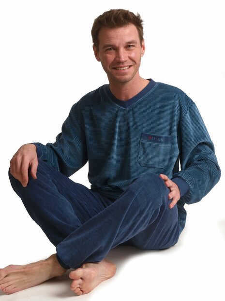 Heren pyjama velours met V-hals Art.451733 Blauw