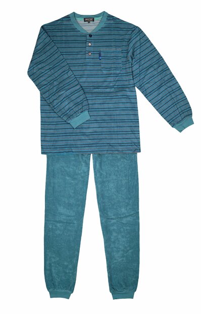 Heren badstof pyjama met knoopsluiting gestreept Marine-Groen