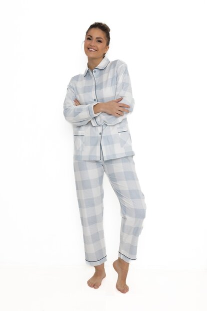 Dames Flanel Pyjama Ruit Blauw 100% katoen 