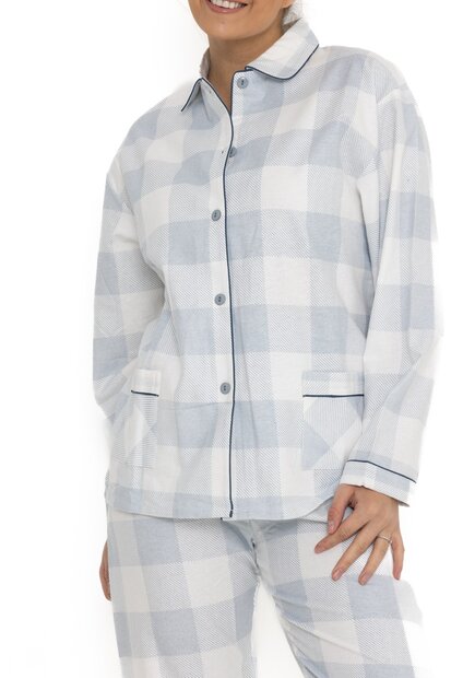 Dames Flanel Pyjama Ruit Blauw 100% katoen 