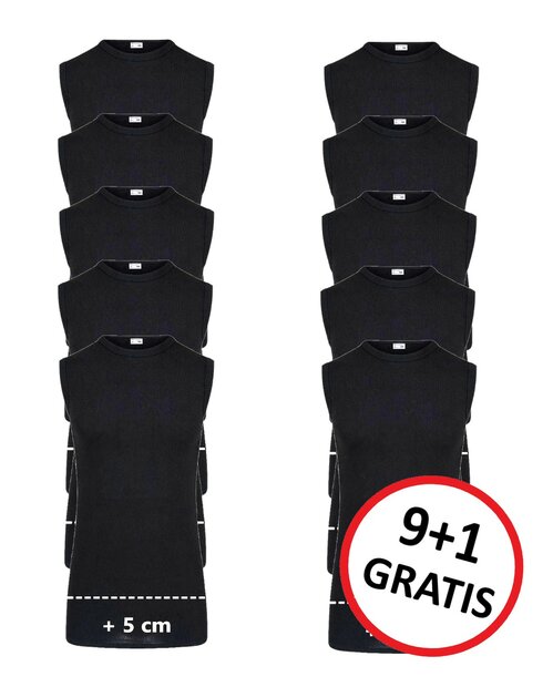 10-pack Extra lang heren mouwloos shirt O-Hals M3000 Zwart