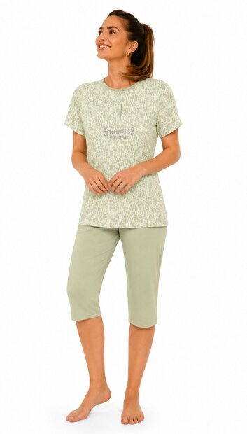 Katoenen dames pyjama met  korte broek - Groen